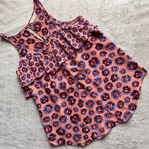 Rebecca Taylor Silk Sleeveless Garden Floral Popover Ruffle Blouse Top Pink Blue